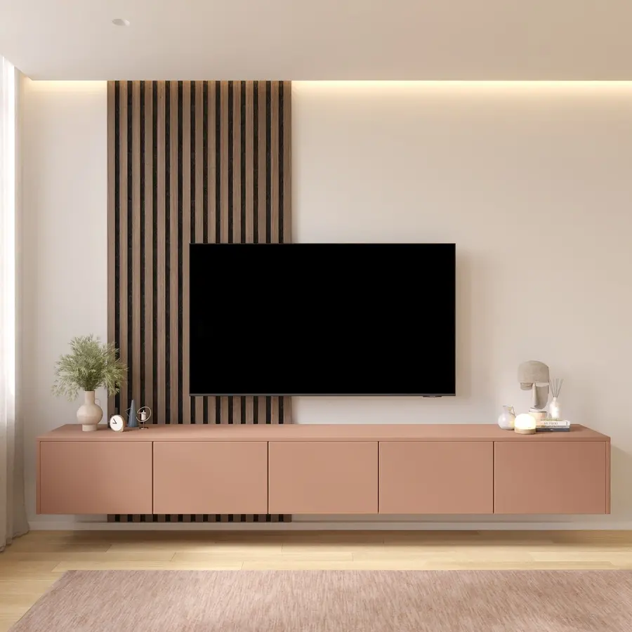 Hugo 253 cm TV Wandmeubel Pastell Abrikoos Hugo 253 cm TV Wandmeubel Pastell Abrikoos