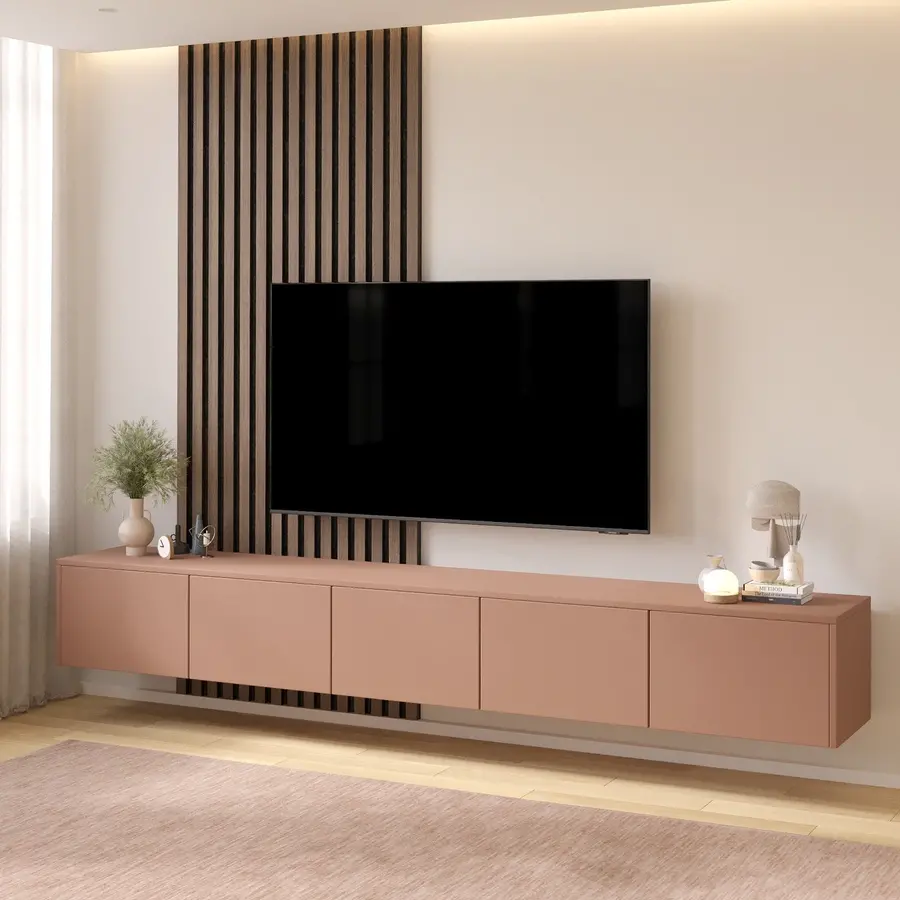 Hugo 253 cm TV Wandmeubel Pastell Abrikoos Hugo 253 cm TV Wandmeubel Pastell Abrikoos