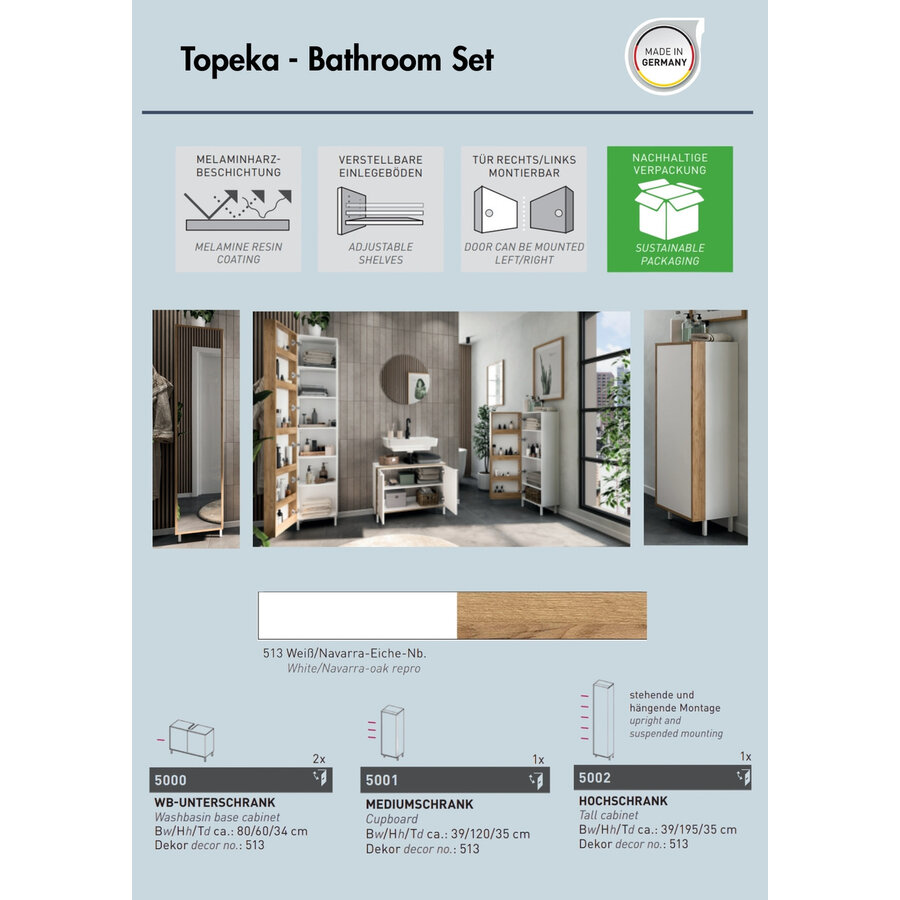 Topeka Wit / Eiken Badkamerkast Laag Topeka Wit / Eiken Badkamerkast Laag