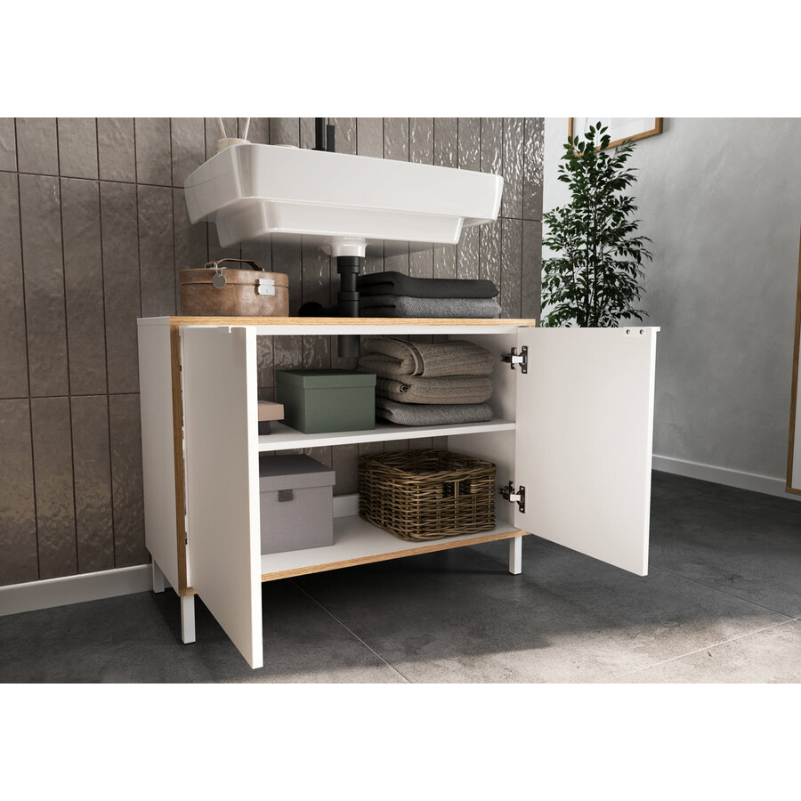 Topeka Wit / Eiken Badmeubel Set Drie Topeka Wit / Eiken Badmeubel Set Drie