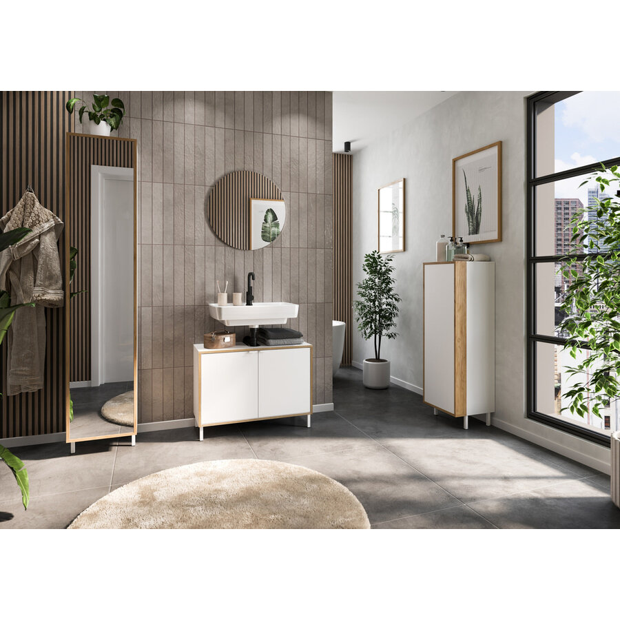 Topeka Wit / Eiken Badmeubel Set Drie Topeka Wit / Eiken Badmeubel Set Drie