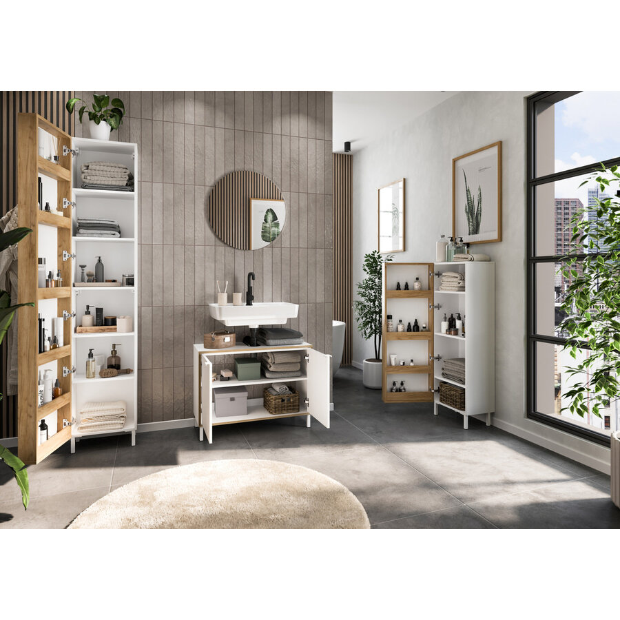 Topeka Wit / Eiken Badmeubel Set Drie Topeka Wit / Eiken Badmeubel Set Drie