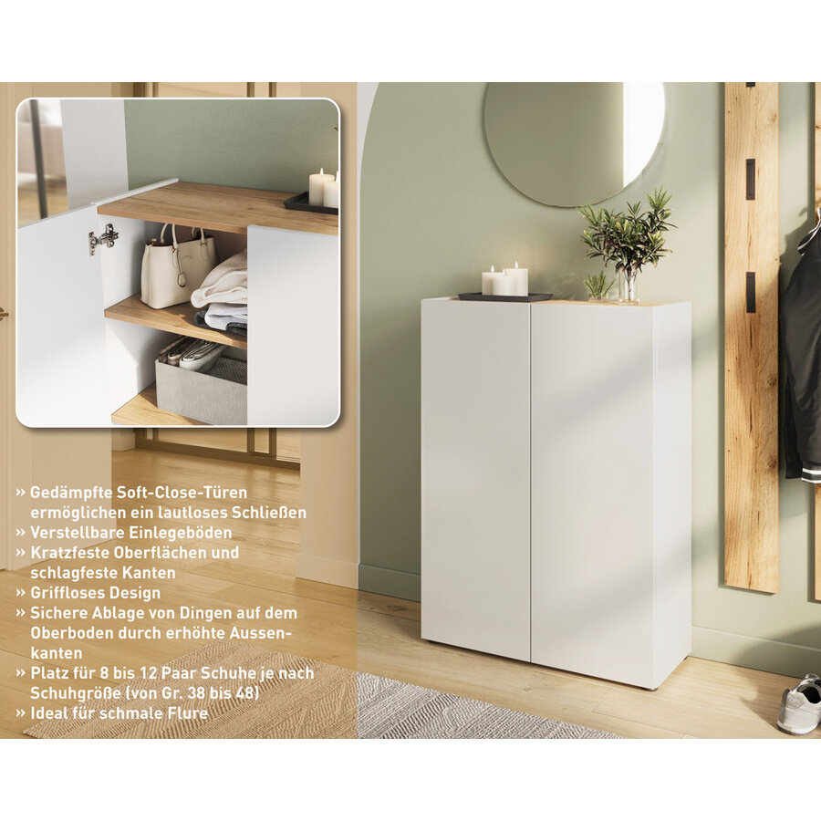 Alviano Wit / Eiken Schoenenkast 2-Deuren Alviano Wit / Eiken Schoenenkast 2-Deuren
