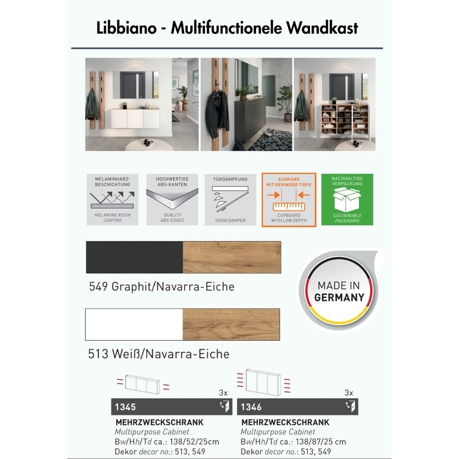 Libbiano Wit / Eiken Multifunctionele Wandkast H52 cm Libbiano Wit / Eiken Multifunctionele Wandkast H52 cm