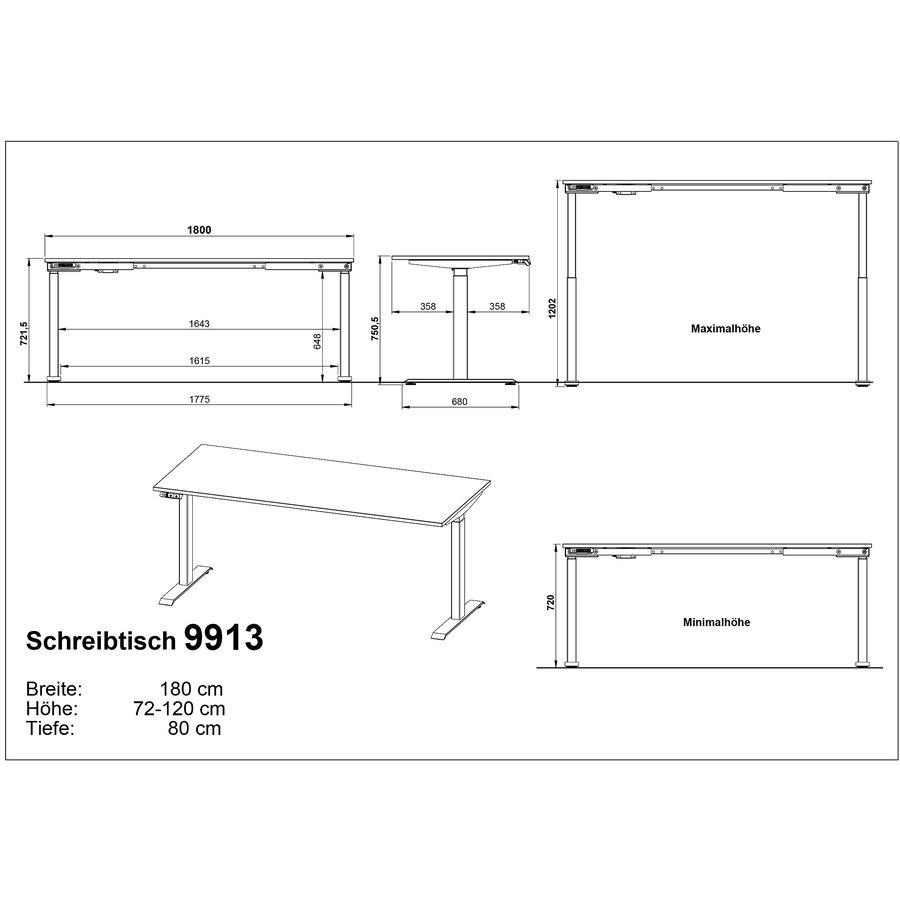 Bedano Grafiet Elektrische Zit Sta Bureautafel 180 cm