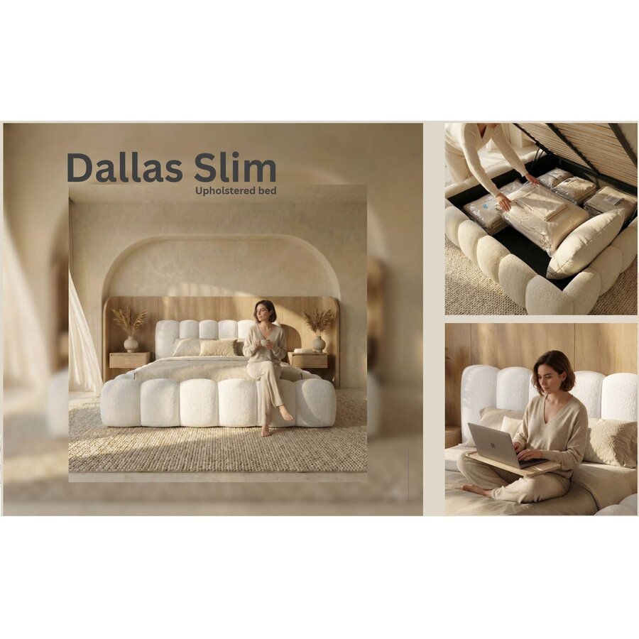 Dallas Slim 200 x 200 cm Gestoffeerd Bed Gebroken Wit
