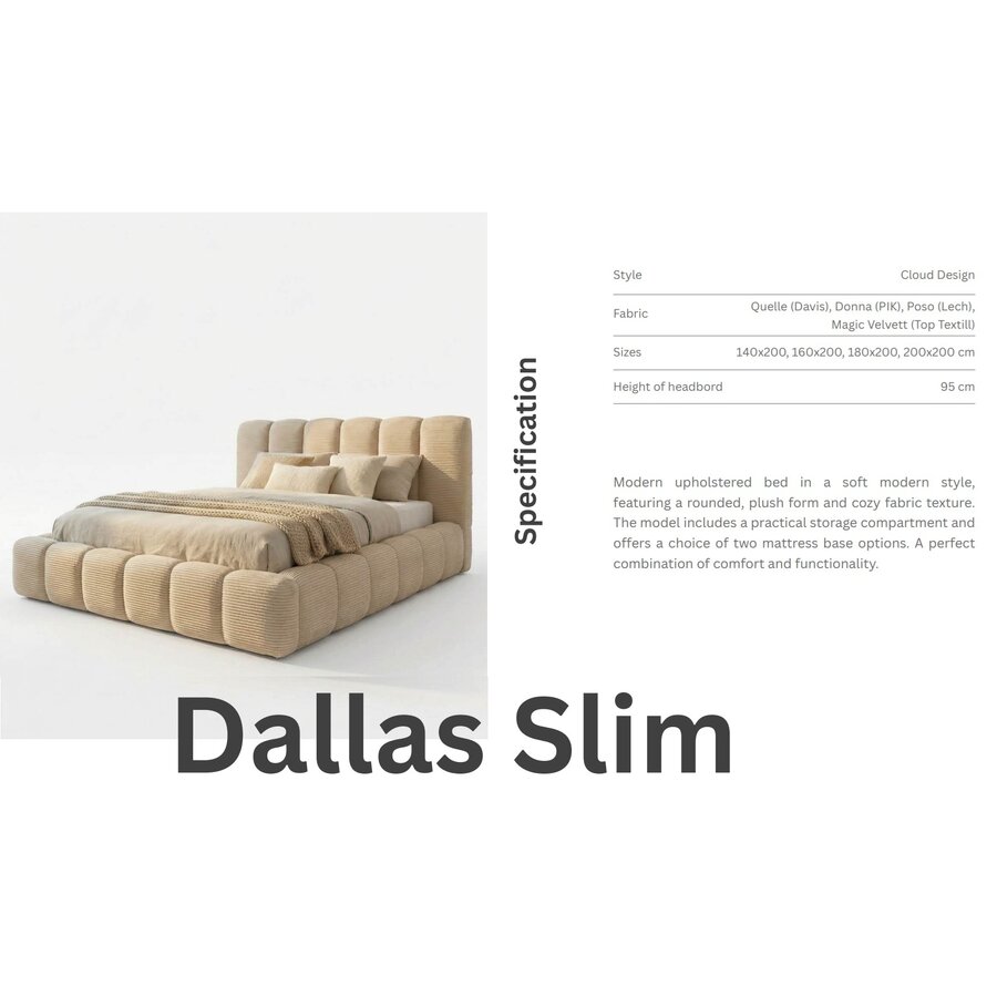 Dallas Slim 160 x 200 cm Gestoffeerd Bed Gebroken Wit