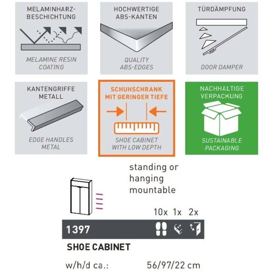 Ameca Cashmere / Eiken Schoenenkast Hoog Ameca Cashmere / Eiken Schoenenkast Hoog