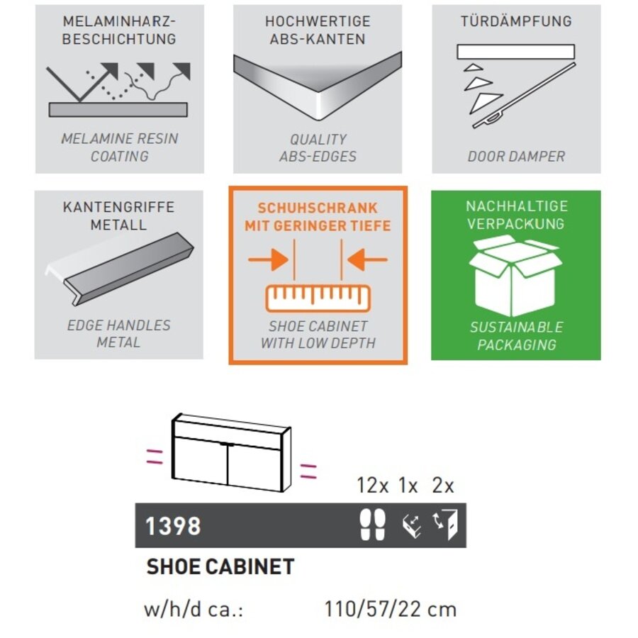 Ameca Cashmere / Eiken Schoenenkast Laag Ameca Cashmere / Eiken Schoenenkast Laag