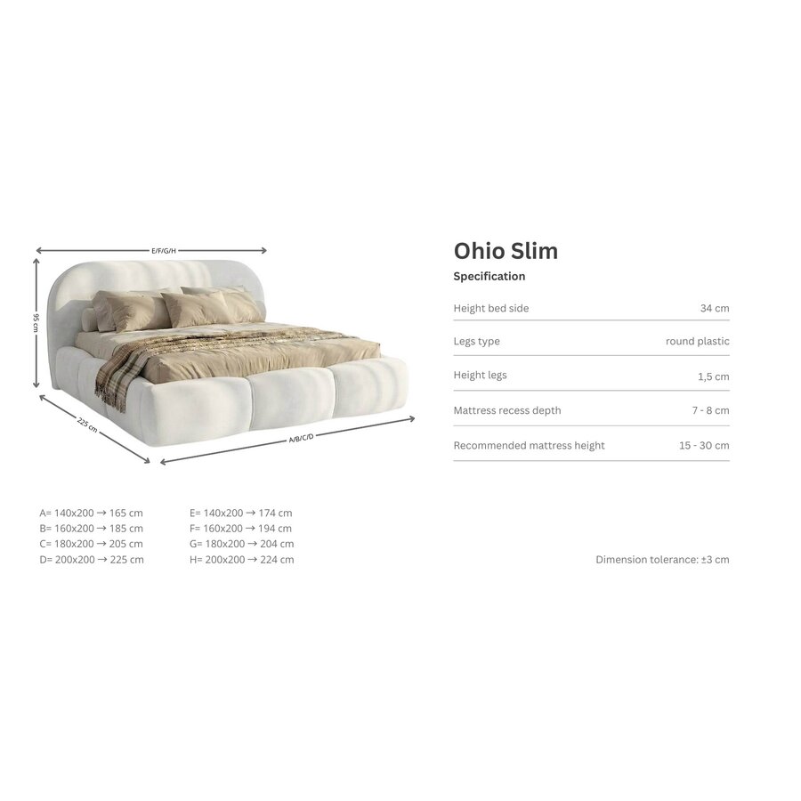 Ohio Slim 140 x 200 cm Gestoffeerd Bed Gebroken Wit