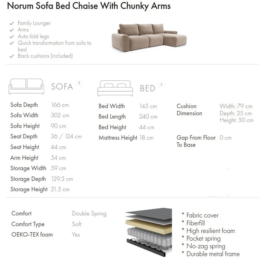 Norum Mocha Slaapbank met Chaise Longue Chunky Armleuningen