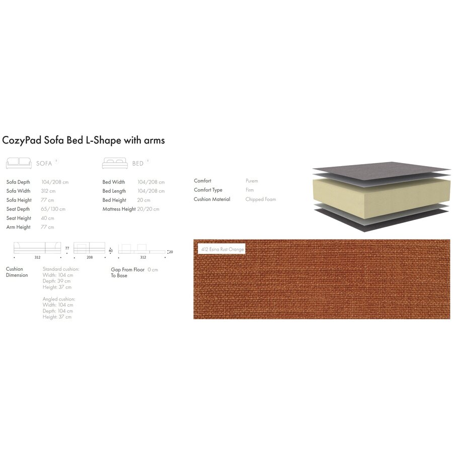 CozyPad Roest Oranje L-Vormige Hoekslaapbank CozyPad Roest Oranje L-Vormige Hoekslaapbank