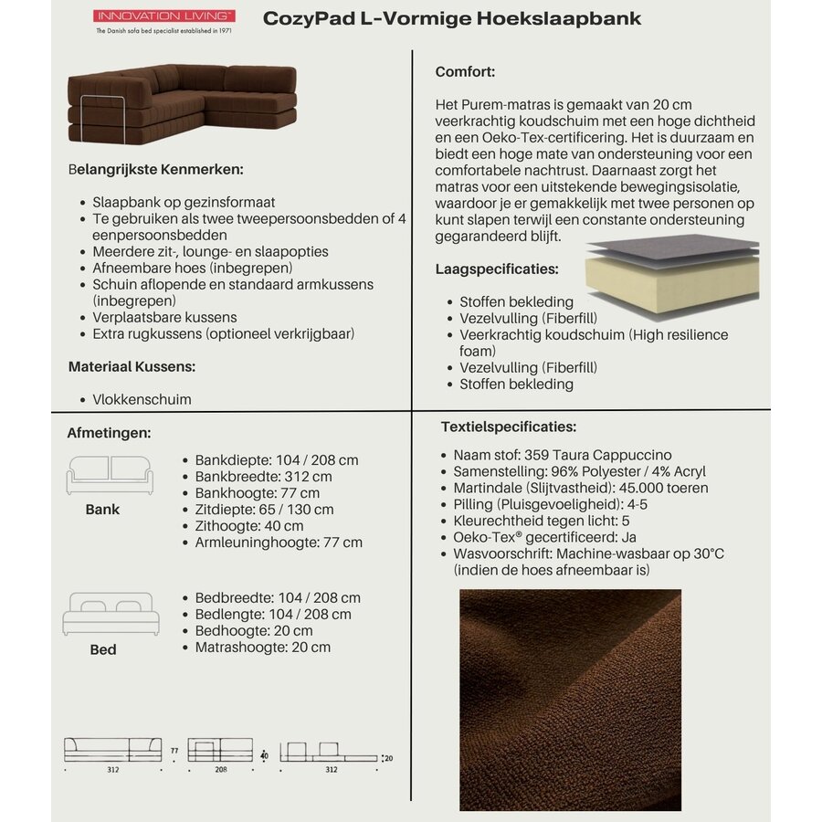 CozyPad Cappuccino L-Vormige Hoekslaapbank