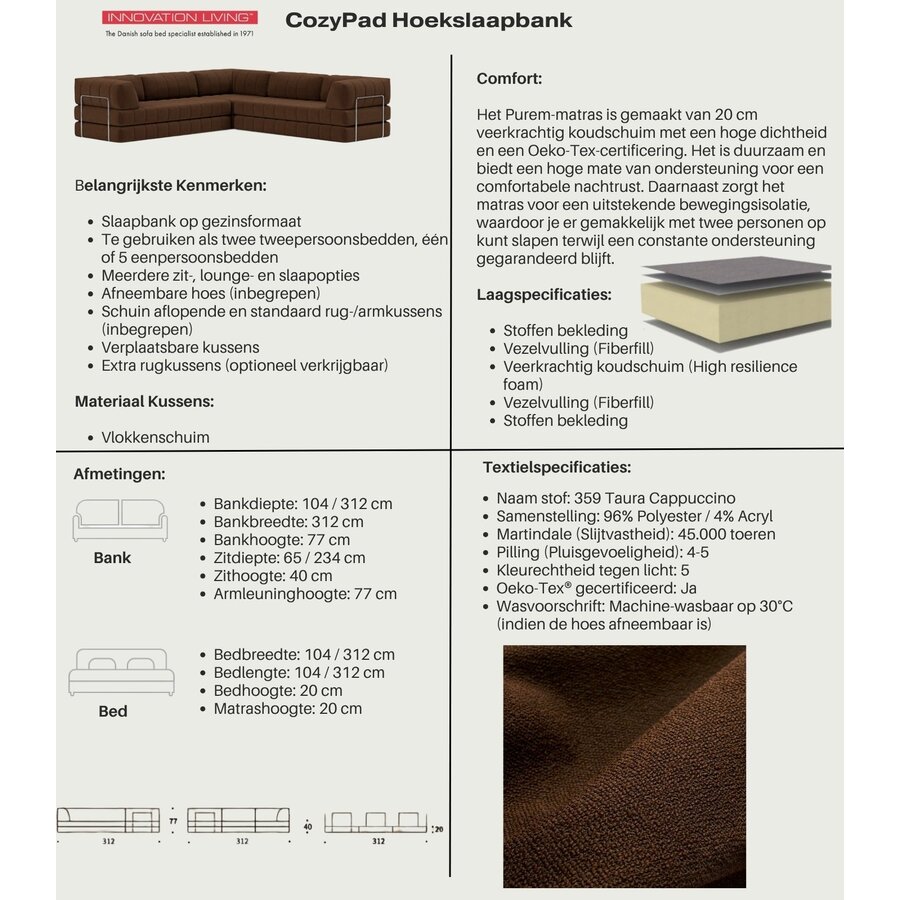 CozyPad Cappuccino Hoekslaapbank CozyPad Cappuccino Hoekslaapbank