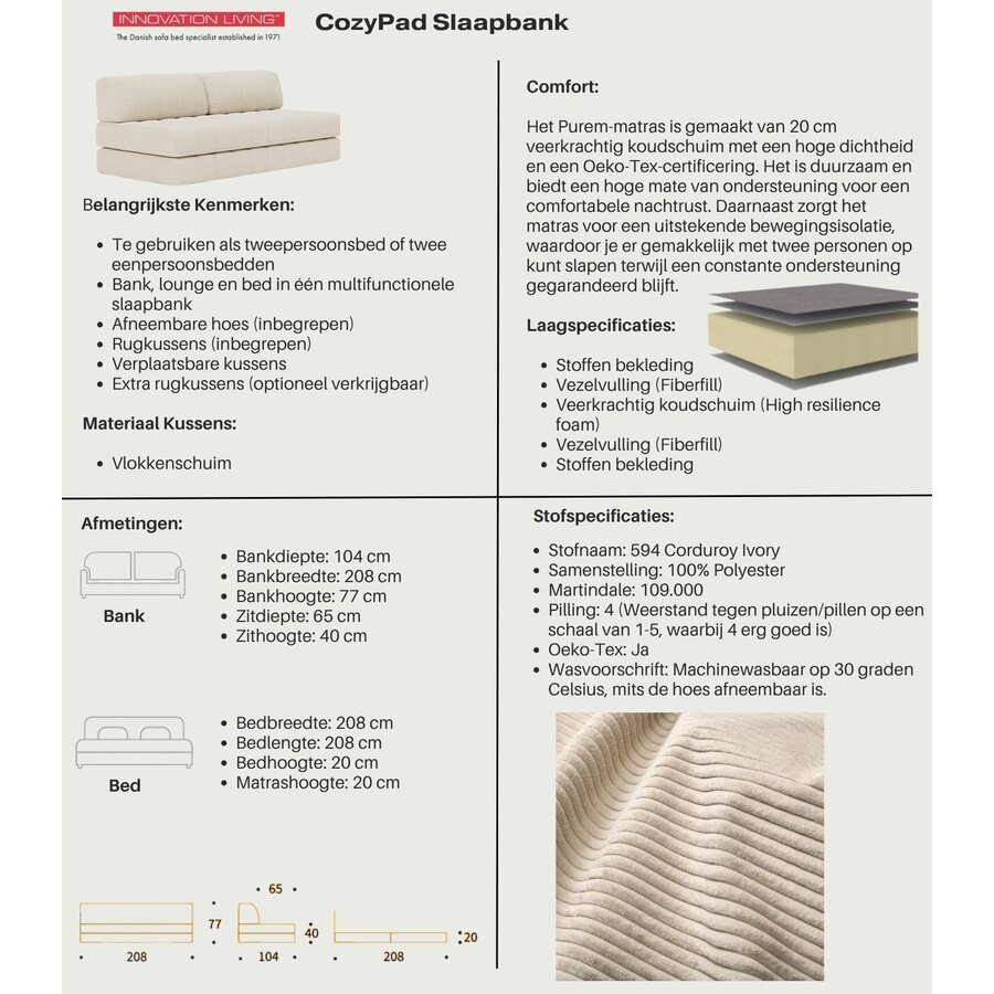 CozyPad Corduroy Ivory Slaapbank CozyPad Corduroy Ivory Slaapbank