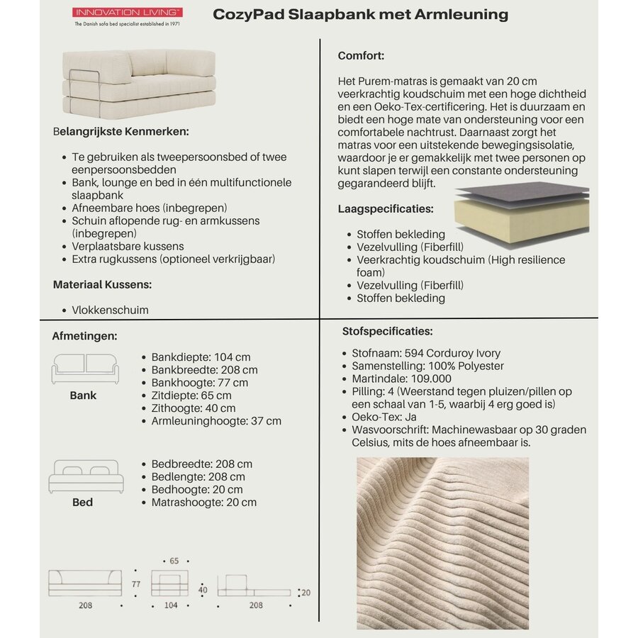 CozyPad Corduroy Ivory Slaapbank met Armleuning CozyPad Corduroy Ivory Slaapbank met Armleuning