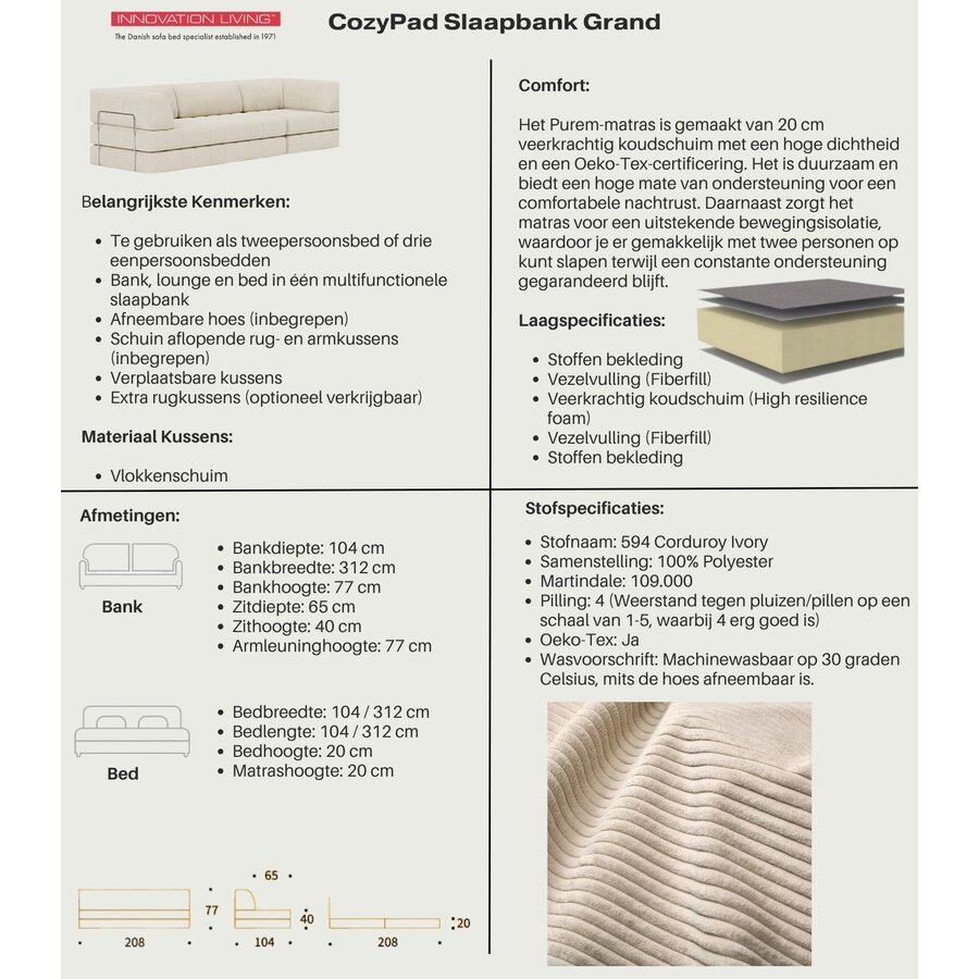 CozyPad Corduroy Ivory Slaapbank Grand CozyPad Corduroy Ivory Slaapbank Grand