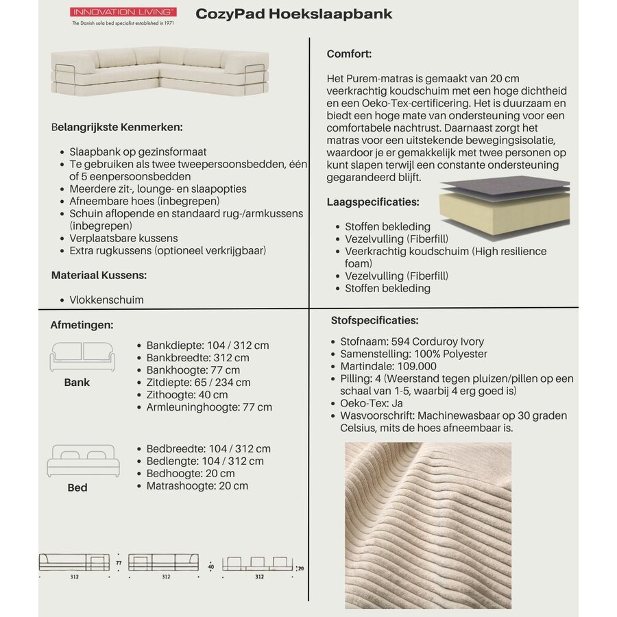 CozyPad Corduroy Ivory Hoekslaapbank CozyPad Corduroy Ivory Hoekslaapbank