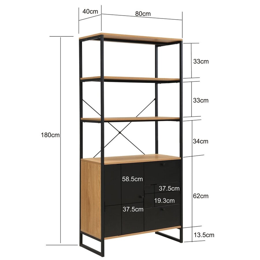 Dali Industriële Wandkast Eiken & Zwart 180 cm Hoog Dali Industriële Wandkast Eiken & Zwart 180 cm Hoog