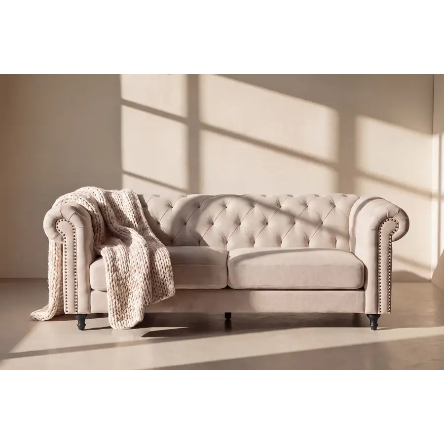 Hjem Interiors Chesterfield Velvet 3-Zits Bank Beige