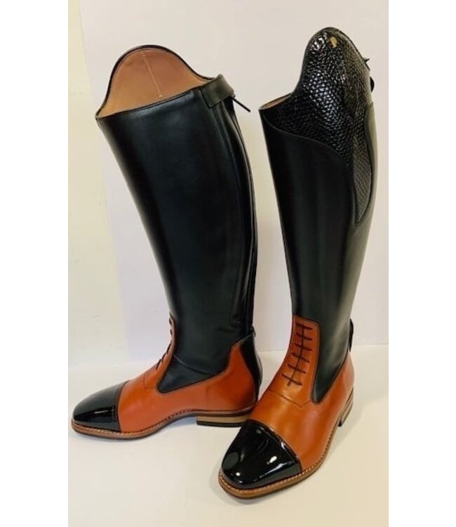 Petrie Jumping Boots (laced) 25% discount J620-5.5 Aberdeen laced riding boot with elastic section  black+cognac+patent nose UK 5.5 45-41.5-40