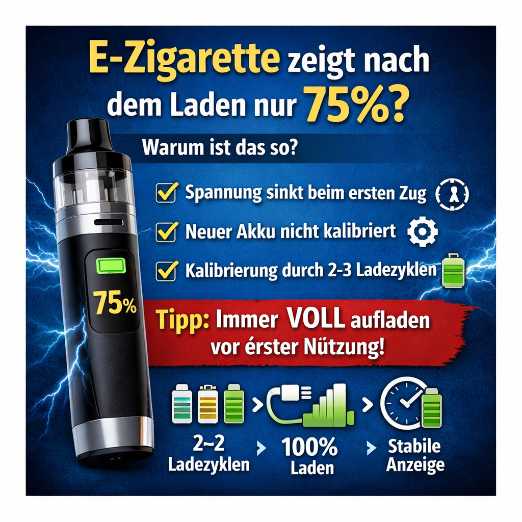 E-Zigarette voll geladen – zeigt nach dem ersten Zug nur 75 %? Das solltest du wissen!