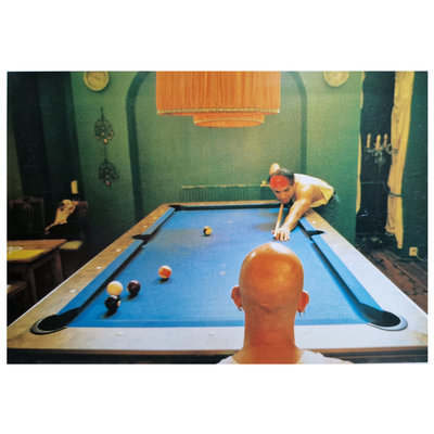 Bald head pool billiard postcard