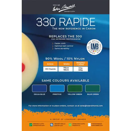 Simonis Simonis 330 Rapide carom billiard cloth. 195 cm. Various colors (price per 10 cm)