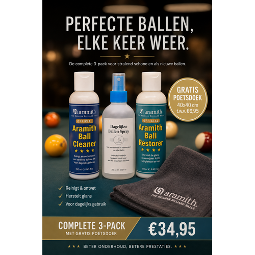 3 pack Aramith Cleaner, Restorder en Ballen spray. Met gratis poetsdoek ARAMITH 3 pack Aramith Cleaner, Restorder en Ballen spray. Met gratis poetsdoek