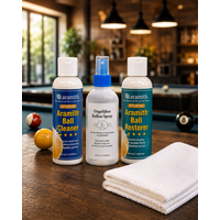 3-pakning Aramith-rens, restaureringsmiddel og ballspray. Med gratis poleringsklut. ARAMITH 3-pakning Aramith-rens, restaureringsmiddel og ballspray. Med gratis poleringsklut.