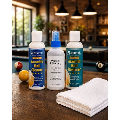 3 pack Aramith Cleaner, Restorder en Ballen spray. Met gratis poetsdoek ARAMITH 3 pack Aramith Cleaner, Restorder en Ballen spray. Met gratis poetsdoek
