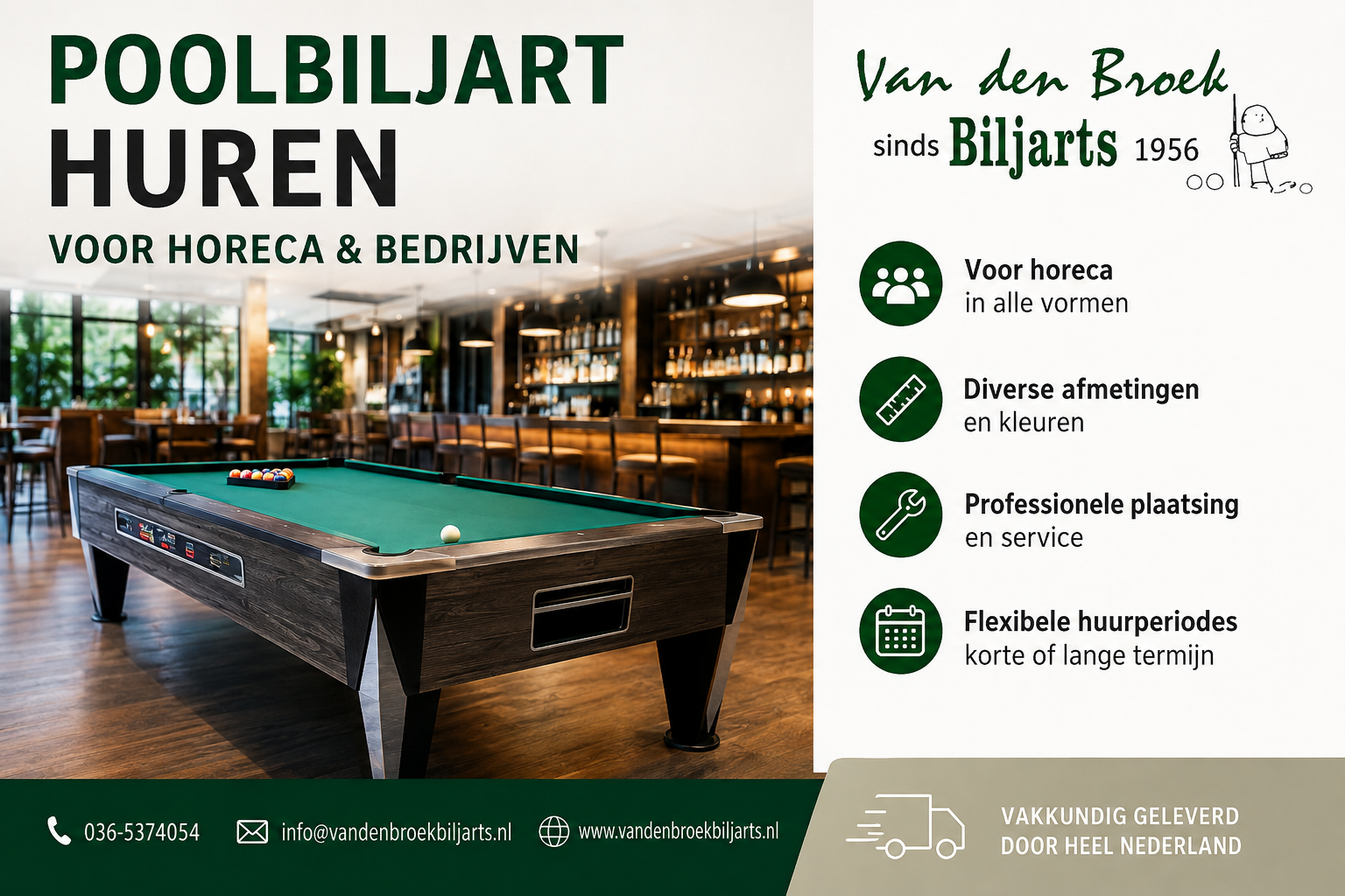 We install the pool table in your hospitality establishment free of charge. Your guests pay per game, and we share the revenue. Includes professional installation, service, and maintenance.