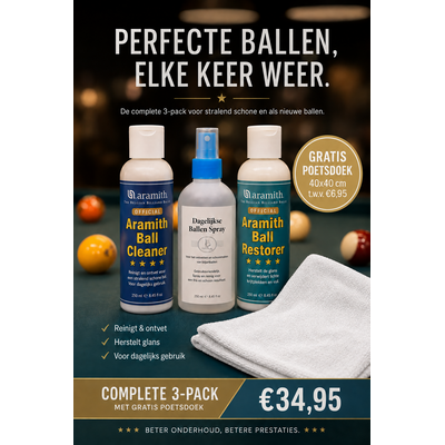 3 pack Aramith Cleaner, Restorder en Ballen spray. Met gratis poetsdoek