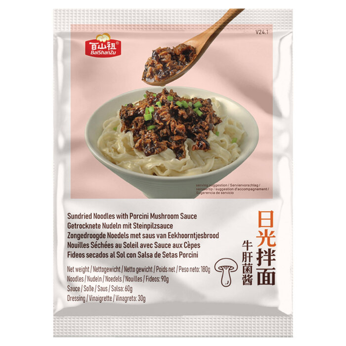 outlet: Sundried noodles Porcini Mushroom sauce 180g Bai Shan Zu THT 15-04-2025