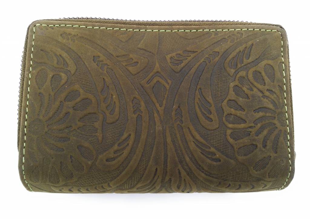 Hill Burry Hill Burry -13 092 / F - leather with flower textur- ladies zipper purse - Green