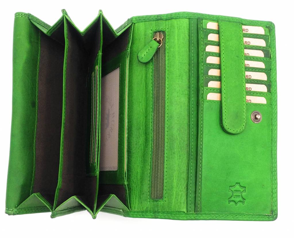 Hill Burry Hill Burry - VL77709 -1971 - echtes Leder - groß - Damen - Geldbörse - mit RFID - Vintage Leder - grün