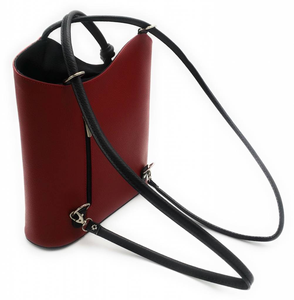 Bestes Leder - RZ2017 - rot / schwarz - Echt Leder - zwei in einem - Umhängetasche - Rucksack - solide - Qualität italienisches Leder rot / schwarz