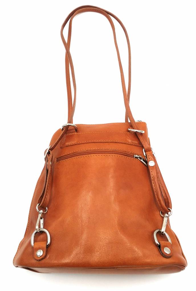 Best Manager - RZ20015 -cognac - real leather - 2 in 1 - shoulder bag - backpack - sturdy - high quality Italian leather cognac