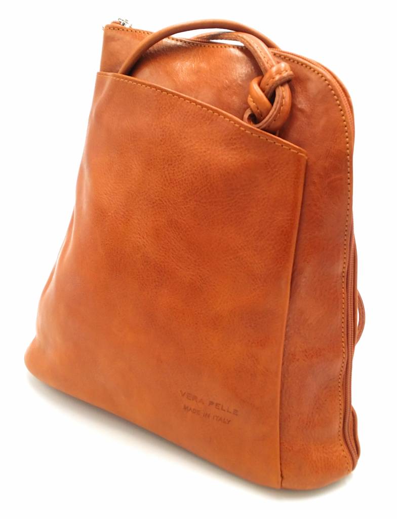 Best Manager - RZ20015 -cognac - real leather - 2 in 1 - shoulder bag - backpack - sturdy - high quality Italian leather cognac