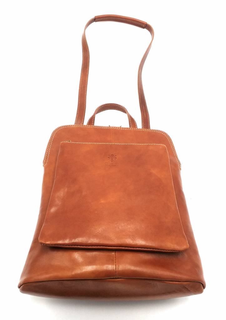 Best Manager - RZ30017 - Cognac - Genuine Leather - 2 in 1 - Shoulder Bag - Backpack - Solid - High Quality Italian Leather Cognac