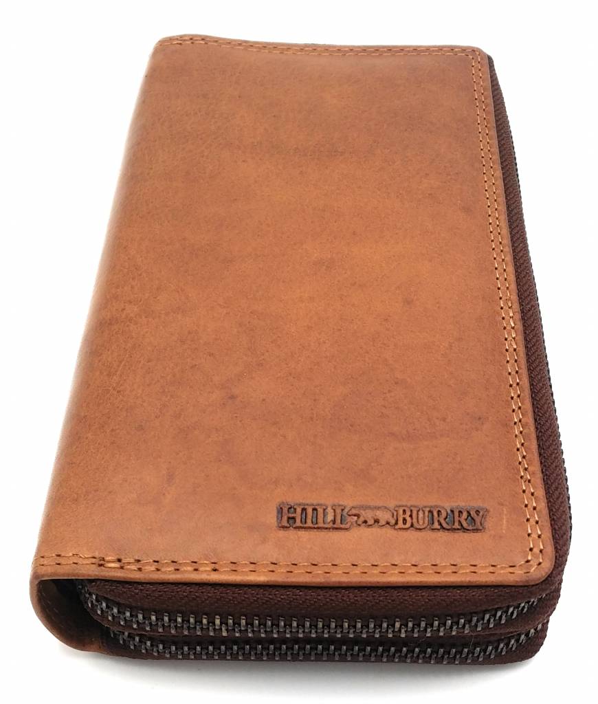 Hill Burry Hill Burry - VL777025 -3628- dubbele rits- portemonnee - met RFID - vintage leder - bruin/ cognac.