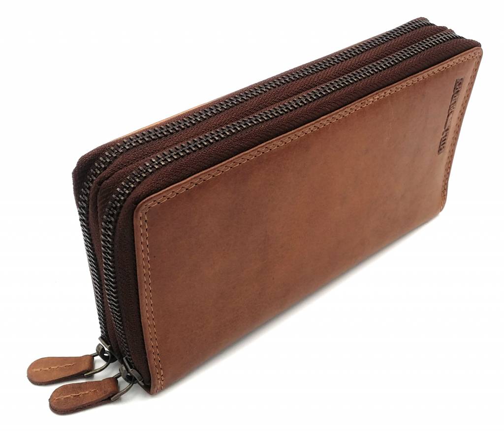 Hill Burry Hill Burry - VL777025 -3628- dubbele rits- portemonnee - met RFID - vintage leder - bruin/ cognac.