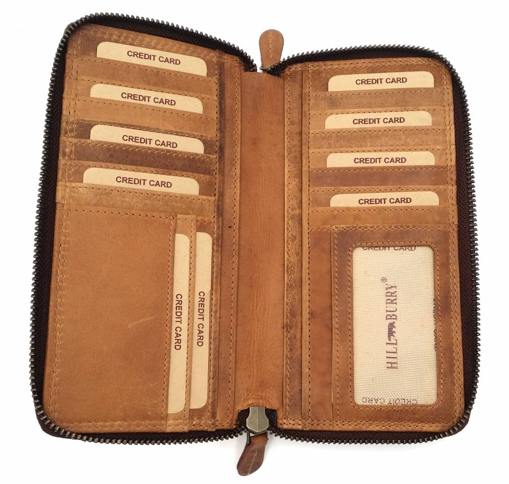 Hill Burry Hill Burry - VL777025 -3628- Portemonnaie mit doppeltem Reißverschluss - mit RFID - Vintage-Leder - braun / cognac.