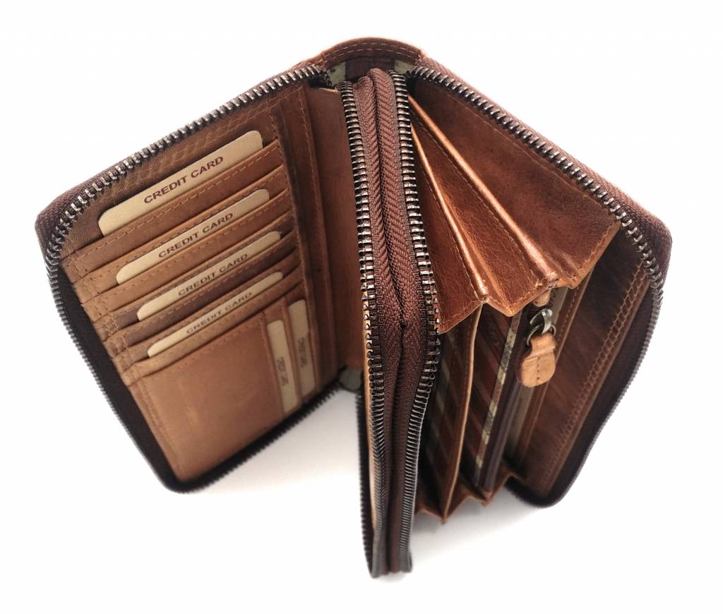 Hill Burry Hill Burry - VL777025 -3628- double zipper wallet - with RFID - vintage leather - brown / cognac.