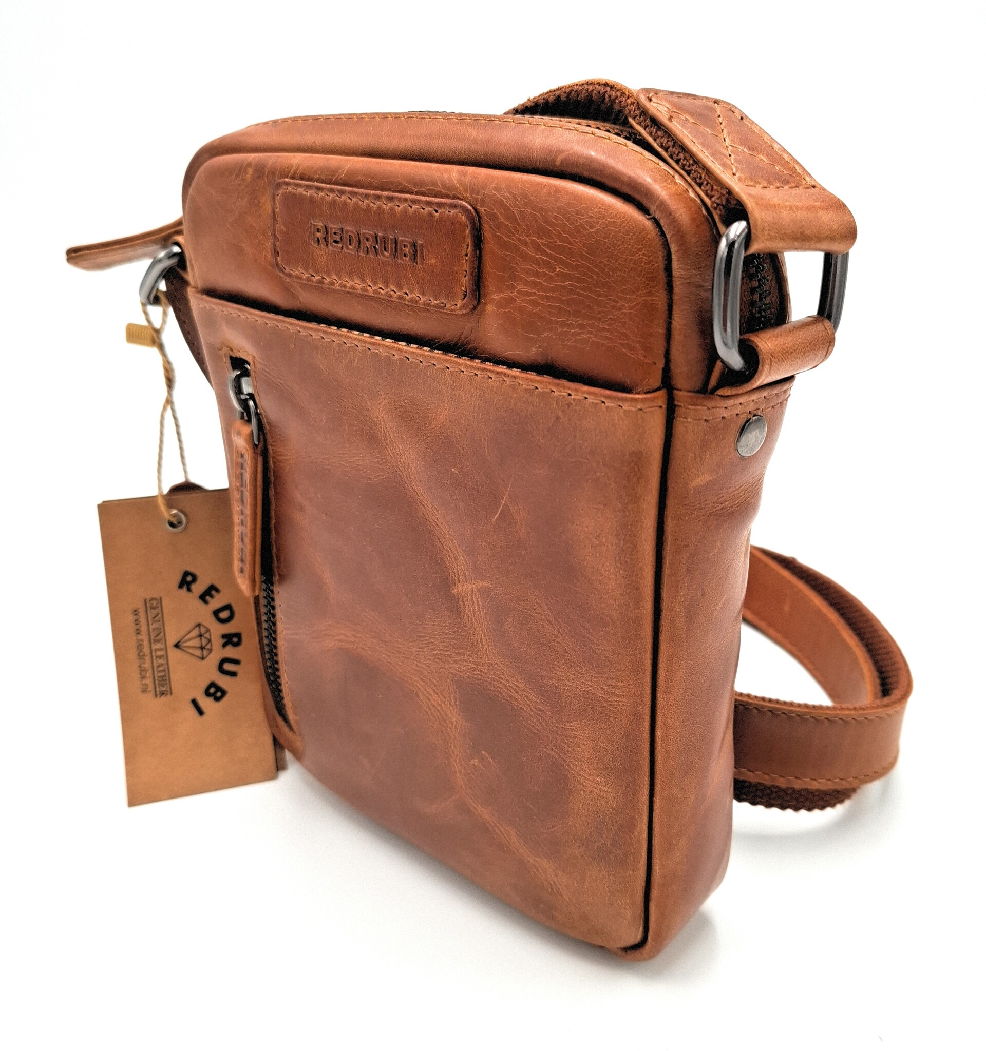 REDRUBI REDRUBI - UM/6/1161 - RFID protected - genuine leather - shoulder bag - crossbody bag - sturdy - vintage leather - brown / cognac