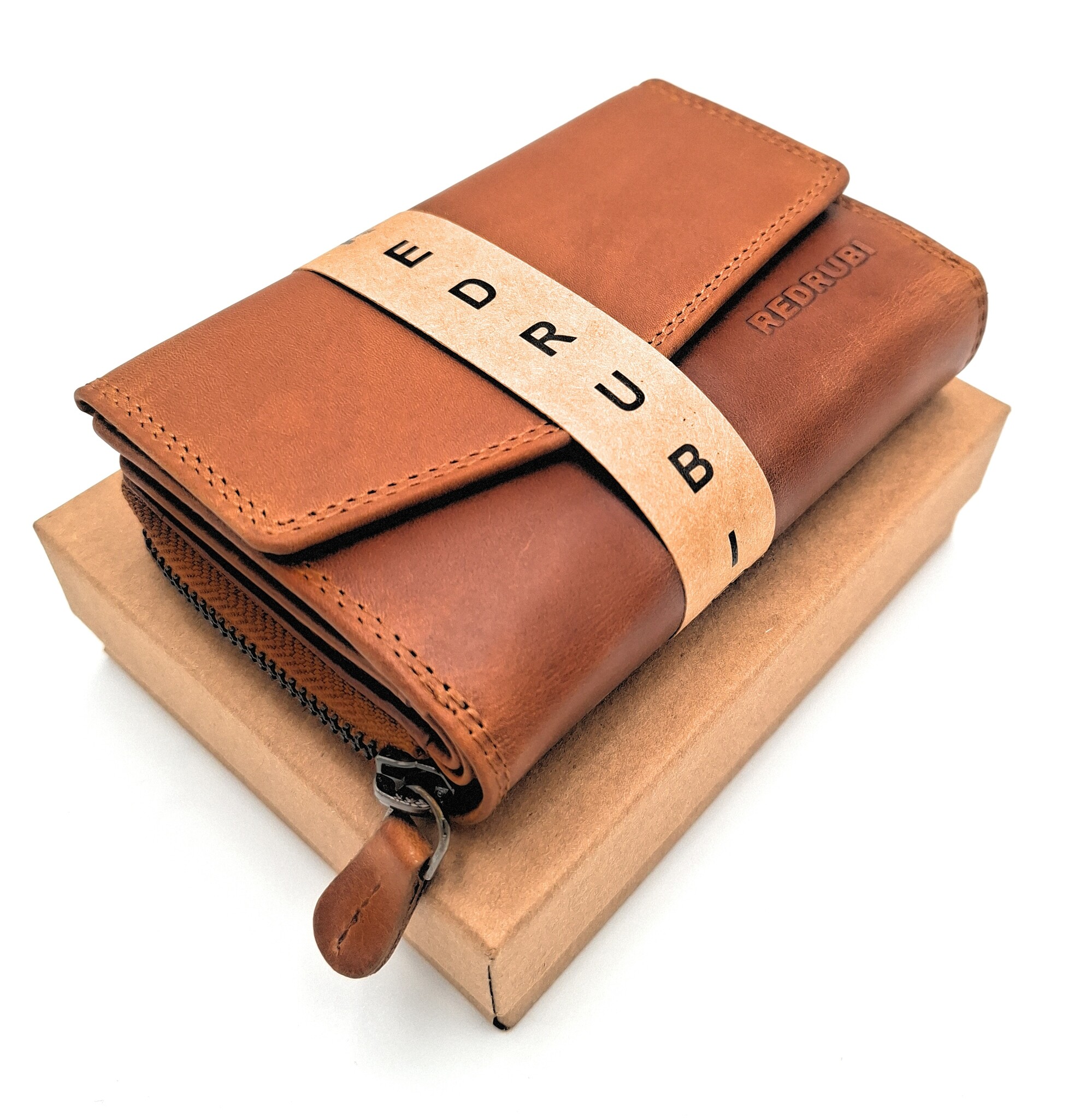 REDRUBI REDRUBI - UM/1-402 - leder- rits portemonnee -met RFID – bruin / cognac