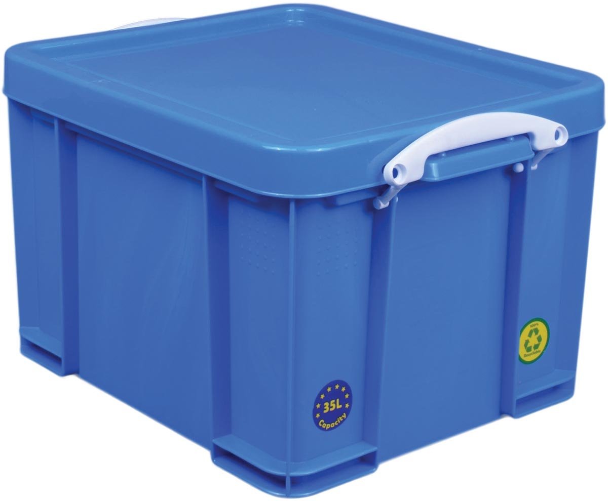 Really Useful Box Opbergbox 35L - neonblauw met witte handvaten