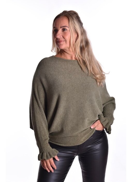 Trui Sophie met ruffle mouw - Legergroen