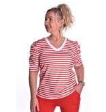 Traveltop met Streep en Gesmokte Pofmouw - Rood
