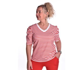 Traveltop met Streep en Gesmokte Pofmouw - Rood